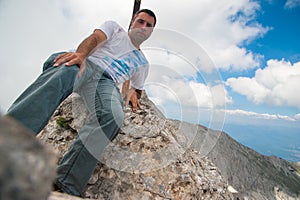 Man on Koncheto Peak on Mountain Pirin