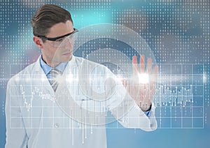 Man in lab coat and goggles with white graph and flare against blue background with bokeh