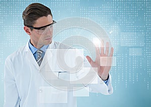 Man in lab coat and goggles with white interface and blue background