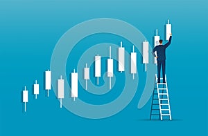 Man on ladder with candlestick chart background, concept of stock market