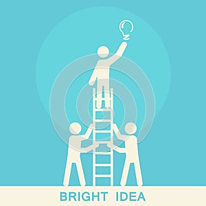 Man on a Ladder Holding a Light bulb. Support and Teamwork Concept