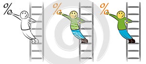 The man on the ladder tries to get percent. Businessman on a stairs to pick the bonus. Business concept.