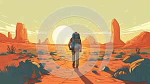 man landscape backpack walking adventure hike desert travel trek sunset journey. Generative AI.