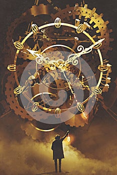 Man with a lantern standing in front of the big golden clockwork