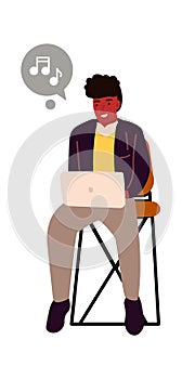 Man with laptop. Cartoon teenager sitting in chair and listening to music. Happy character enjoying soundtracks and