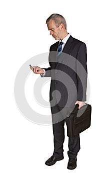 Man with laptop case and mobile phone