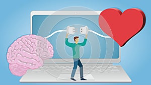 Man on laptop connecting brain and heart. Dimension 16:9. Vector illustration.