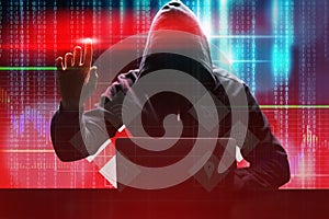 Man with laptop and digital binary code on color background. Cyber attack concept