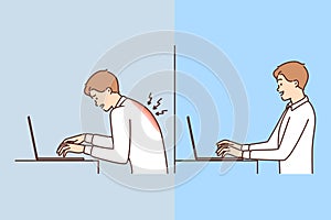 Man with laptop feels pain in back and for incorrect posture at workplace