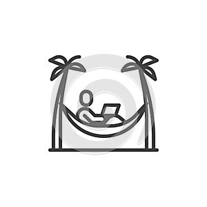 Man with laptop in hammock under palm trees line icon