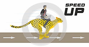 Man with laptop riding fast on running cheetah cat. Vector illustration.