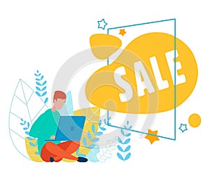 Man with Laptop and Sale Advert in Frame Cartoon