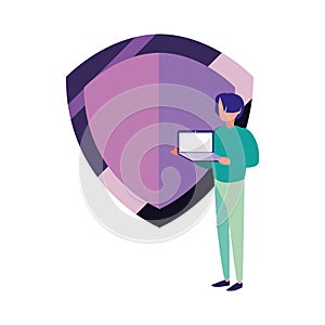 Man with laptop shield protection