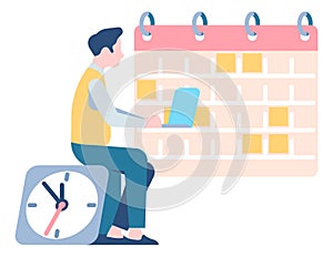 Man with laptop sitting on clock looking at calendar. Planning concept