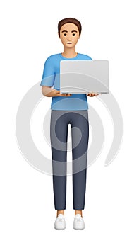 A man with a laptop. Smiling young adult character