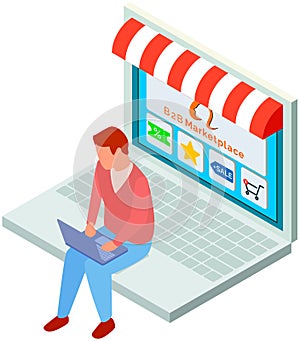 Man with laptop is spending money in e-store, b2b marketplace. Person buys and orders goods online