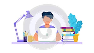 Man with laptop, studying or working concept. Table with books, lamp, coffee cup. Vector illustration in flat style