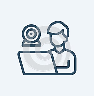 Man with laptop in video conference and group call icon set with editable stroke and white background. Thin line style stock