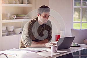 Man With Laptop Working From Home On Kitchen Counter