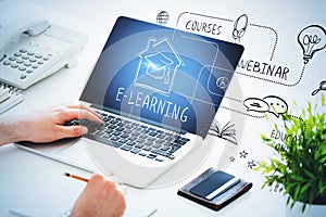 Man with laptop writing, e learning sketch