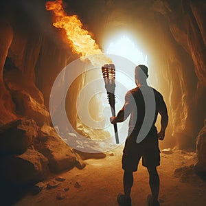 A man with a large torch stands in a cave.