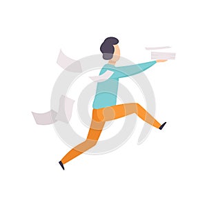 Man is late for work or at meeting, running with falling papers, busy and late businessman vector Illustration on a