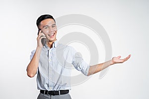 man laughing while making phone call on isolated background
