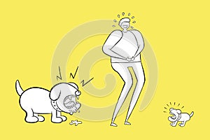 Man laughing small dog but he doesn`t see the big dog behind him. You`il be crying in fear. Vector illustration