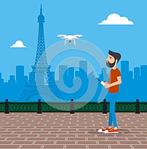 Man launches drone vector illustration.