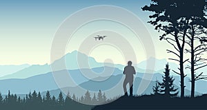 Man launches a drone. Videographer takes a landscape and nature. Forest, trees, mountains. Silhouette vector illustration