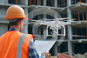 Man launches a quadcopter. An engineer flies a drone next to a construction site. Concept - construction observation with a drone