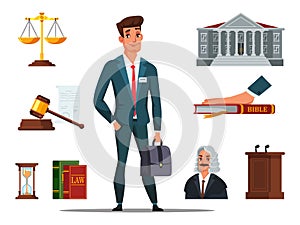 Man lawyer in suit and referee accessories set