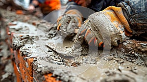 Man is laying bricks and using a trowel to spread mortar.
