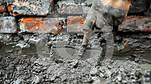 Man is laying bricks and using a trowel to spread mortar.