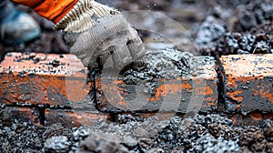 Man is laying bricks and using a trowel to spread mortar.