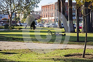 A man laying on the grass next to his bike in Central Park surrounded by lush green trees, buildings and cars parked on the street