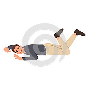 Man laying on ground in pain or unconsciousness, isolated male character fell down stretched hands in front of him and raised legs