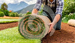 Man Laying a Roller Sod for New Garden Lawn - Generative Ai