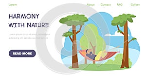 Man lays in hammock between trees, landing page template flat vector illustration on white.