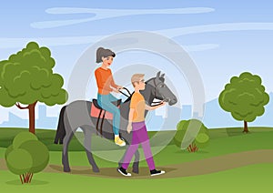 Man leading the horse with the woman riding on it vector illustration.