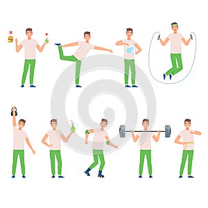 Man leads a healthy lifestyle. Vector illustration on a white background.