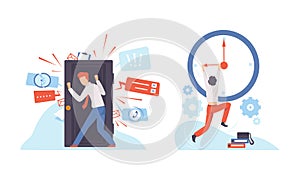 Man Leaning Door and Hanging on Hand of Clock Failing Handling Deadline and Timeline Vector Set photo