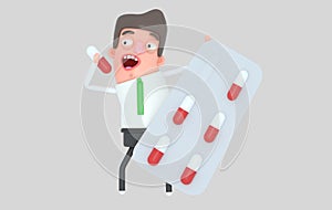 Man leaning on a pill blister. 3d illustration. Isolate.