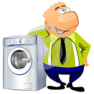 Man leaning on the washing machine.