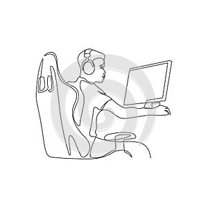 Man learning or working online. One line art