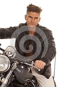 Man leather jacket close sit motorcycle