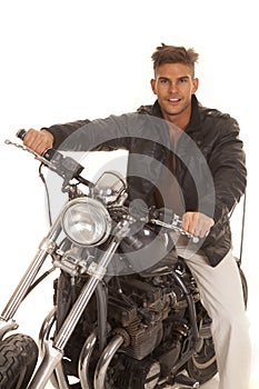 Man leather jacket on motorcycle sit happy
