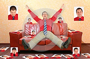 Man on leather sofa with photographs, collage