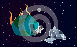 Astronaut Leaving Home Earth on Fire Vector Illustration