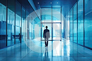 Man Leaving Business Center in Blue Tonality